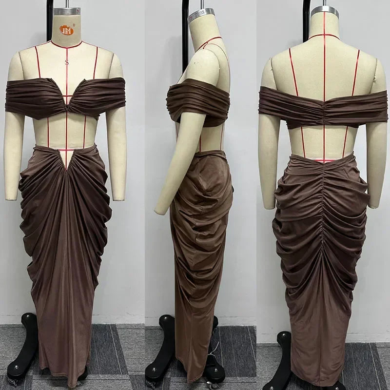 Sexy Party Night Two Piece Set Women Ruched Maxi Dress Slash Neck Crop Top and Long Skirt Club Outfits Matching Set