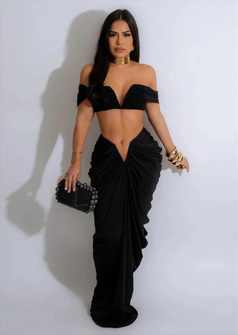 Sexy Party Night Two Piece Set Women Ruched Maxi Dress Slash Neck Crop Top and Long Skirt Club Outfits Matching Set