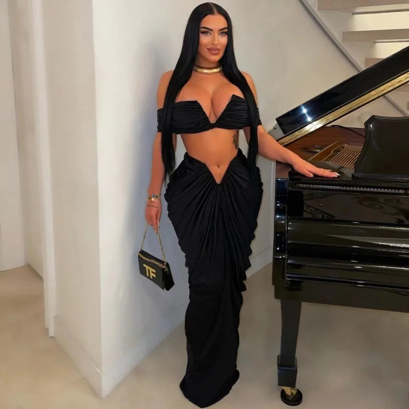 Sexy Party Night Two Piece Set Women Ruched Maxi Dress Slash Neck Crop Top and Long Skirt Club Outfits Matching Set