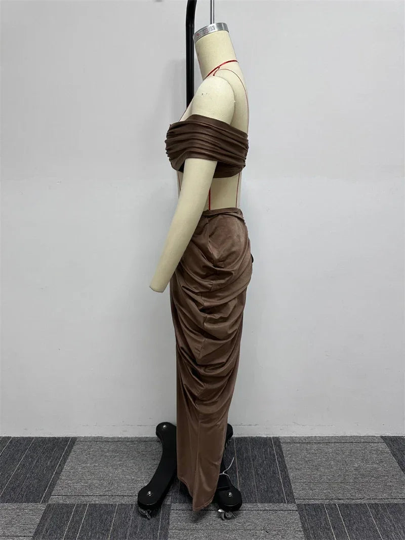 Sexy Party Night Two Piece Set Women Ruched Maxi Dress Slash Neck Crop Top and Long Skirt Club Outfits Matching Set