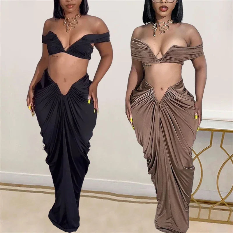 Sexy Party Night Two Piece Set Women Ruched Maxi Dress Slash Neck Crop Top and Long Skirt Club Outfits Matching Set