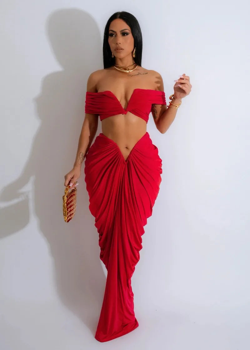 Sexy Party Night Two Piece Set Women Ruched Maxi Dress Slash Neck Crop Top and Long Skirt Club Outfits Matching Set
