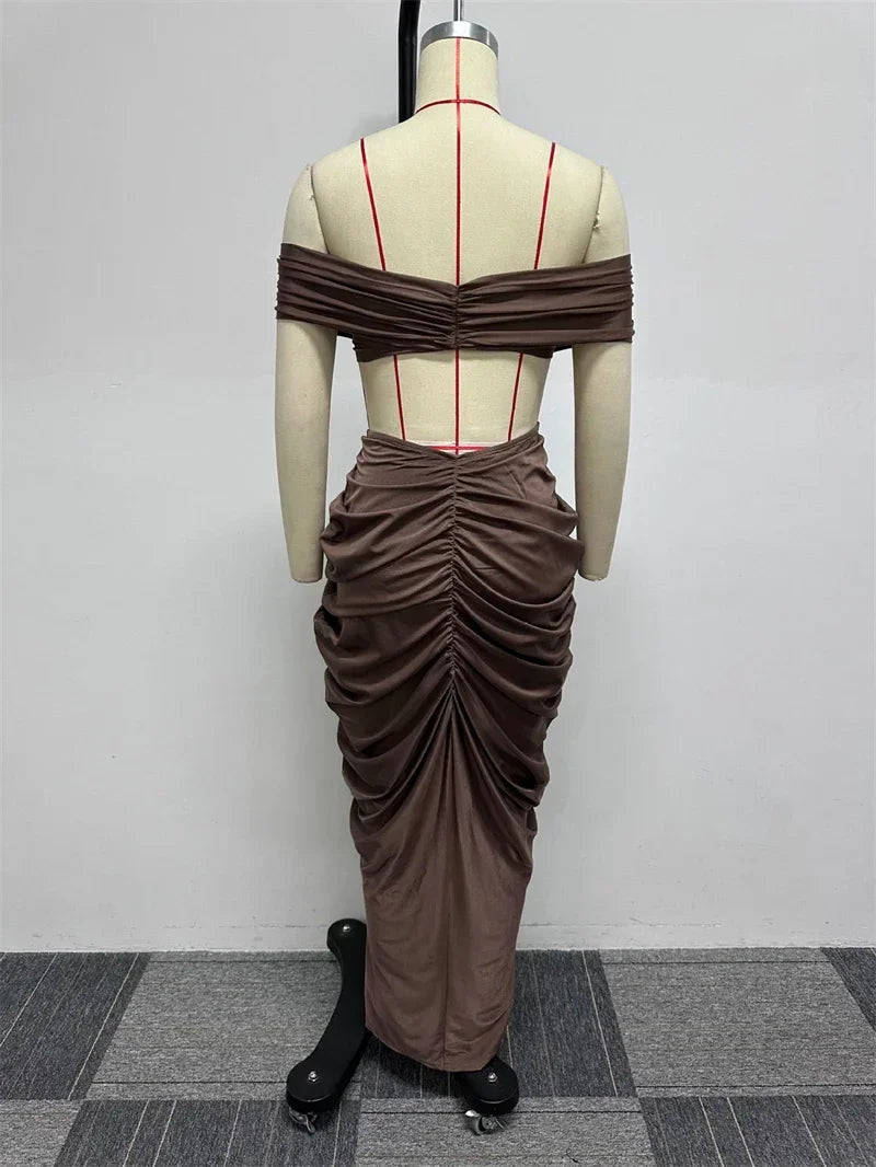 Sexy Party Night Two Piece Set Women Ruched Maxi Dress Slash Neck Crop Top and Long Skirt Club Outfits Matching Set