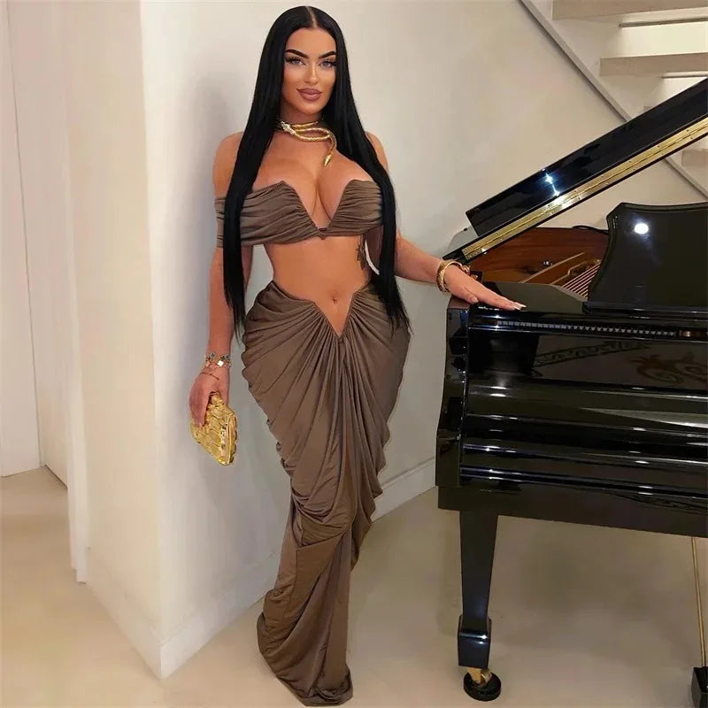 Sexy Party Night Two Piece Set Women Ruched Maxi Dress Slash Neck Crop Top and Long Skirt Club Outfits Matching Set