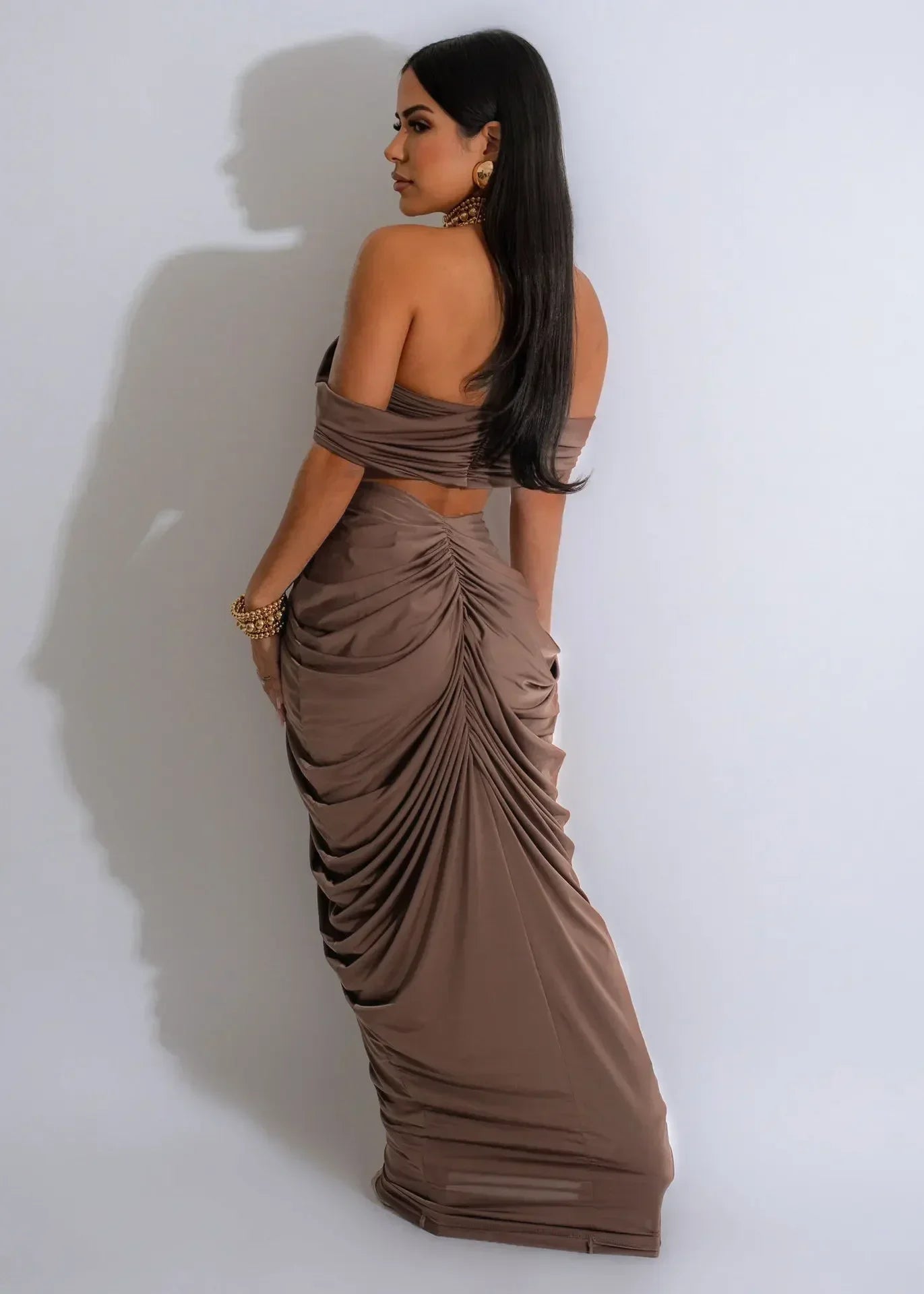 Sexy Party Night Two Piece Set Women Ruched Maxi Dress Slash Neck Crop Top and Long Skirt Club Outfits Matching Set