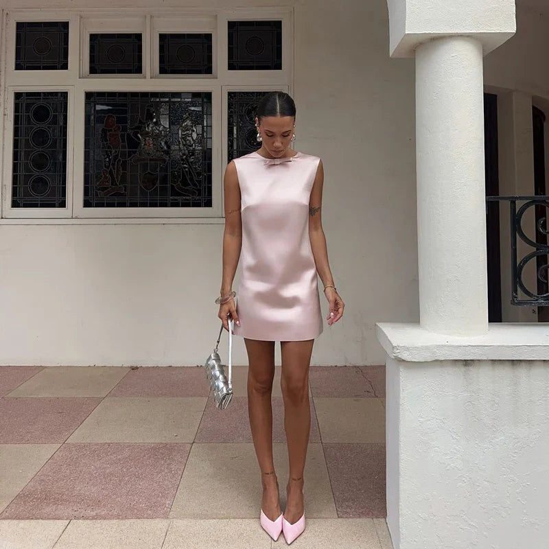 Elegant Satin Mini Dress for Women Bow Backless Sleeveless Patchwork Party Gown Solid Fit and Flare