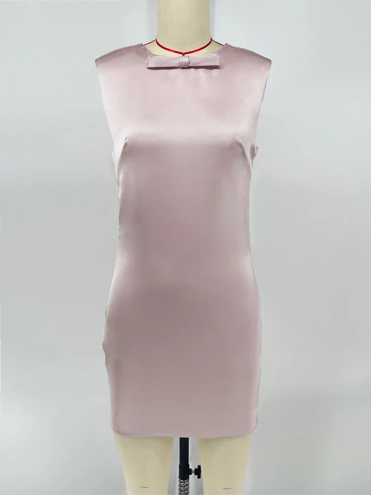 Elegant Satin Mini Dress for Women Bow Backless Sleeveless Patchwork Party Gown Solid Fit and Flare