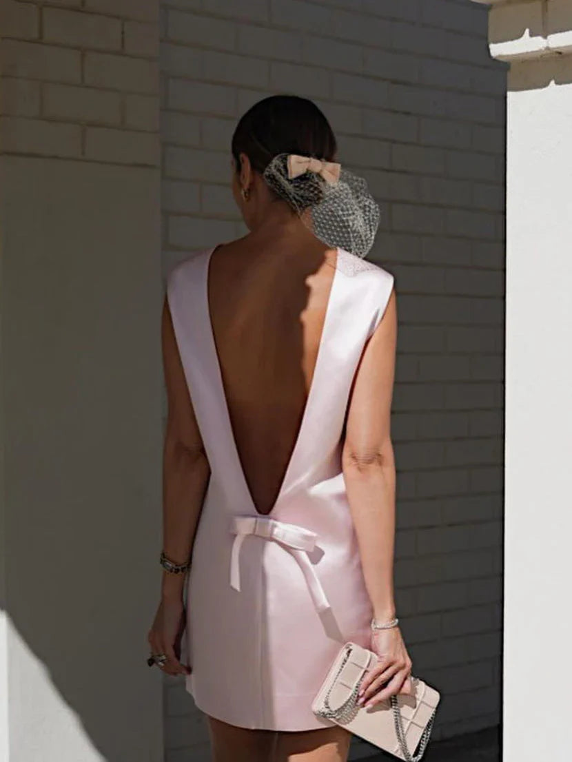Elegant Satin Mini Dress for Women Bow Backless Sleeveless Patchwork Party Gown Solid Fit and Flare