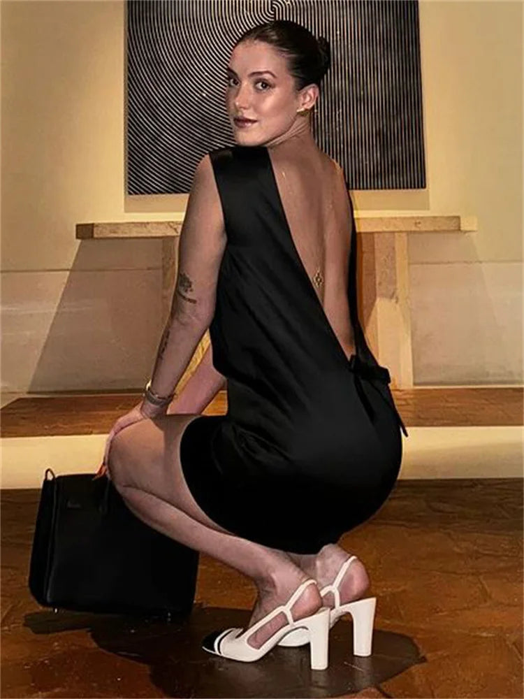 Elegant Satin Mini Dress for Women Bow Backless Sleeveless Patchwork Party Gown Solid Fit and Flare
