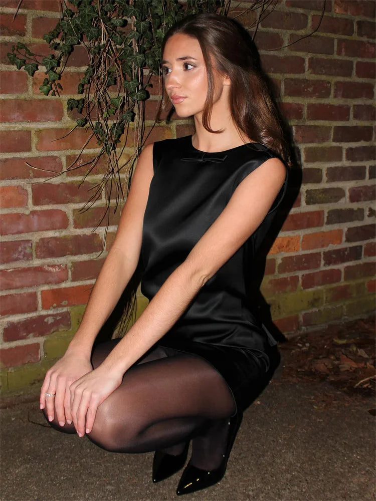 Elegant Satin Mini Dress for Women Bow Backless Sleeveless Patchwork Party Gown Solid Fit and Flare