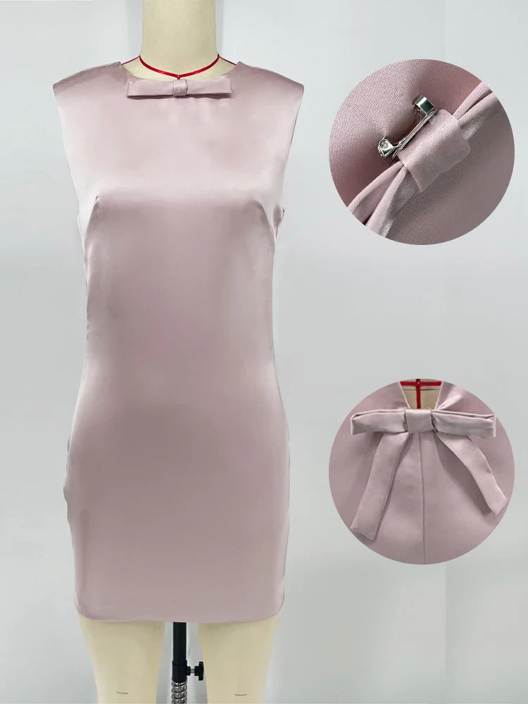 Elegant Satin Mini Dress for Women Bow Backless Sleeveless Patchwork Party Gown Solid Fit and Flare