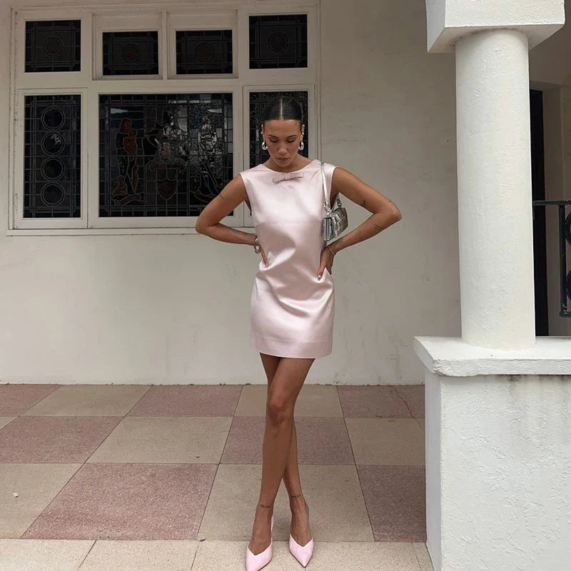 Elegant Satin Mini Dress for Women Bow Backless Sleeveless Patchwork Party Gown Solid Fit and Flare