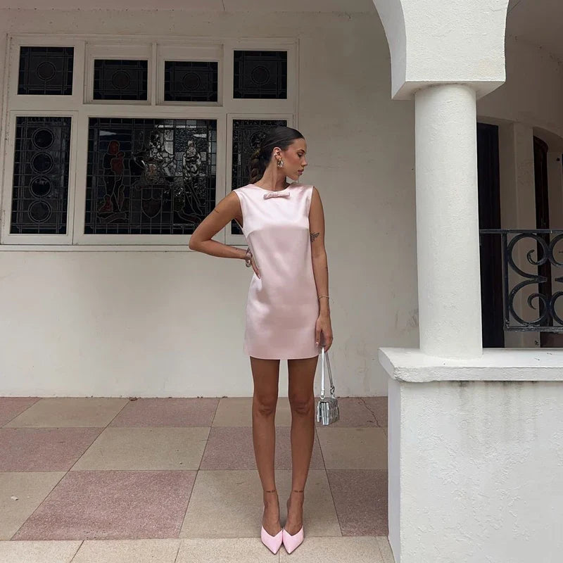 Elegant Satin Mini Dress for Women Bow Backless Sleeveless Patchwork Party Gown Solid Fit and Flare