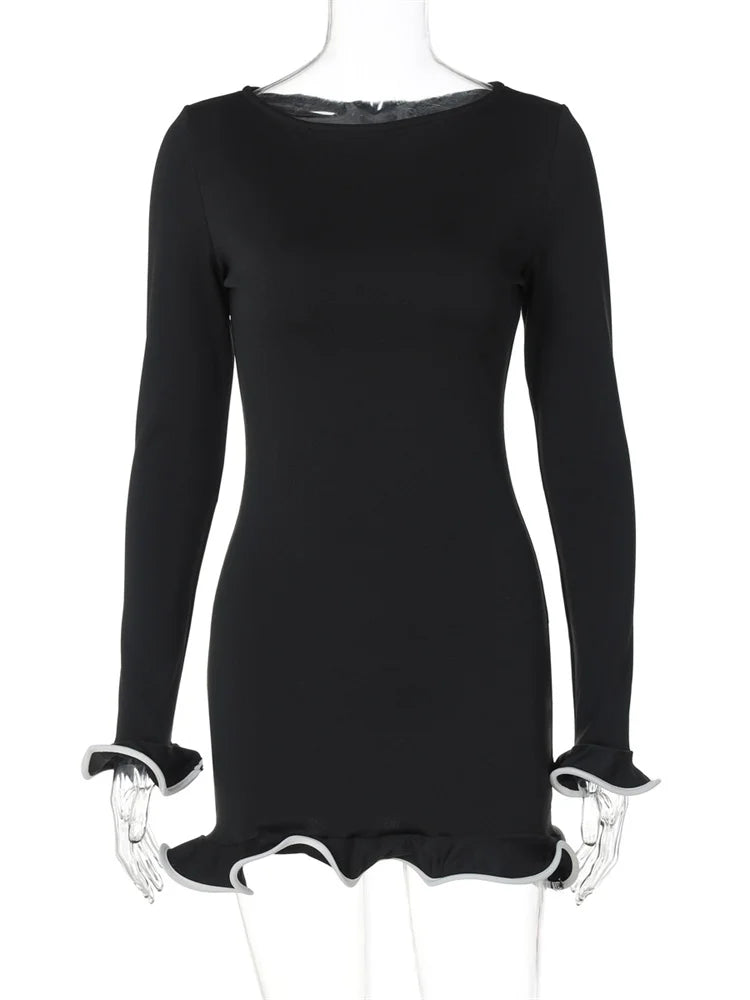 Ruffled Autumn Mini Dress for Women Slim Fit Long Sleeve Patchwork Elegant Casual Party Dress