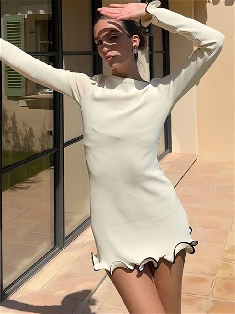 Ruffled Autumn Mini Dress for Women Slim Fit Long Sleeve Patchwork Elegant Casual Party Dress