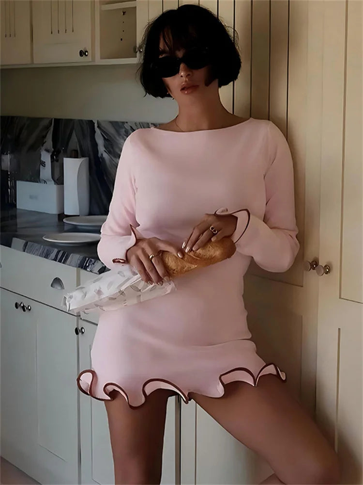 Ruffled Autumn Mini Dress for Women Slim Fit Long Sleeve Patchwork Elegant Casual Party Dress