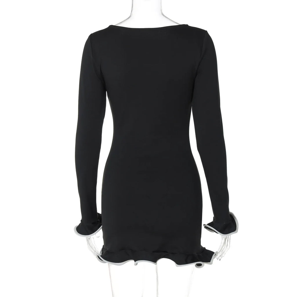 Ruffled Autumn Mini Dress for Women Slim Fit Long Sleeve Patchwork Elegant Casual Party Dress