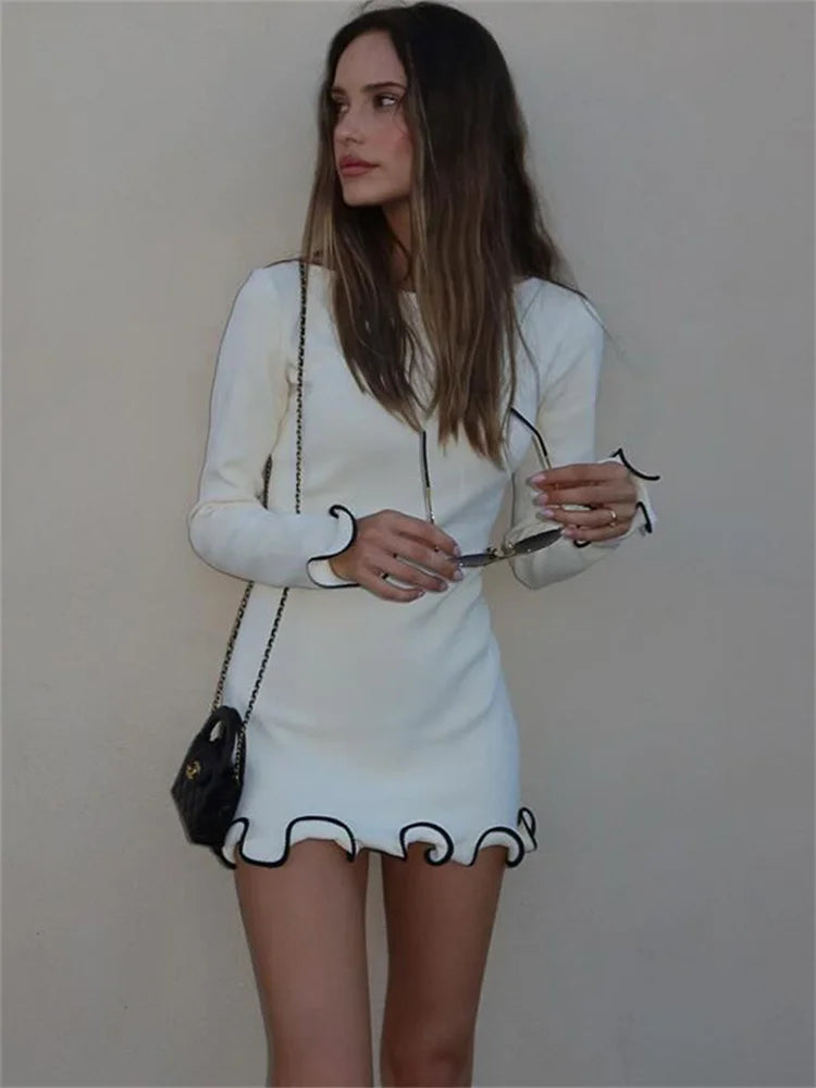 Ruffled Autumn Mini Dress for Women Slim Fit Long Sleeve Patchwork Elegant Casual Party Dress