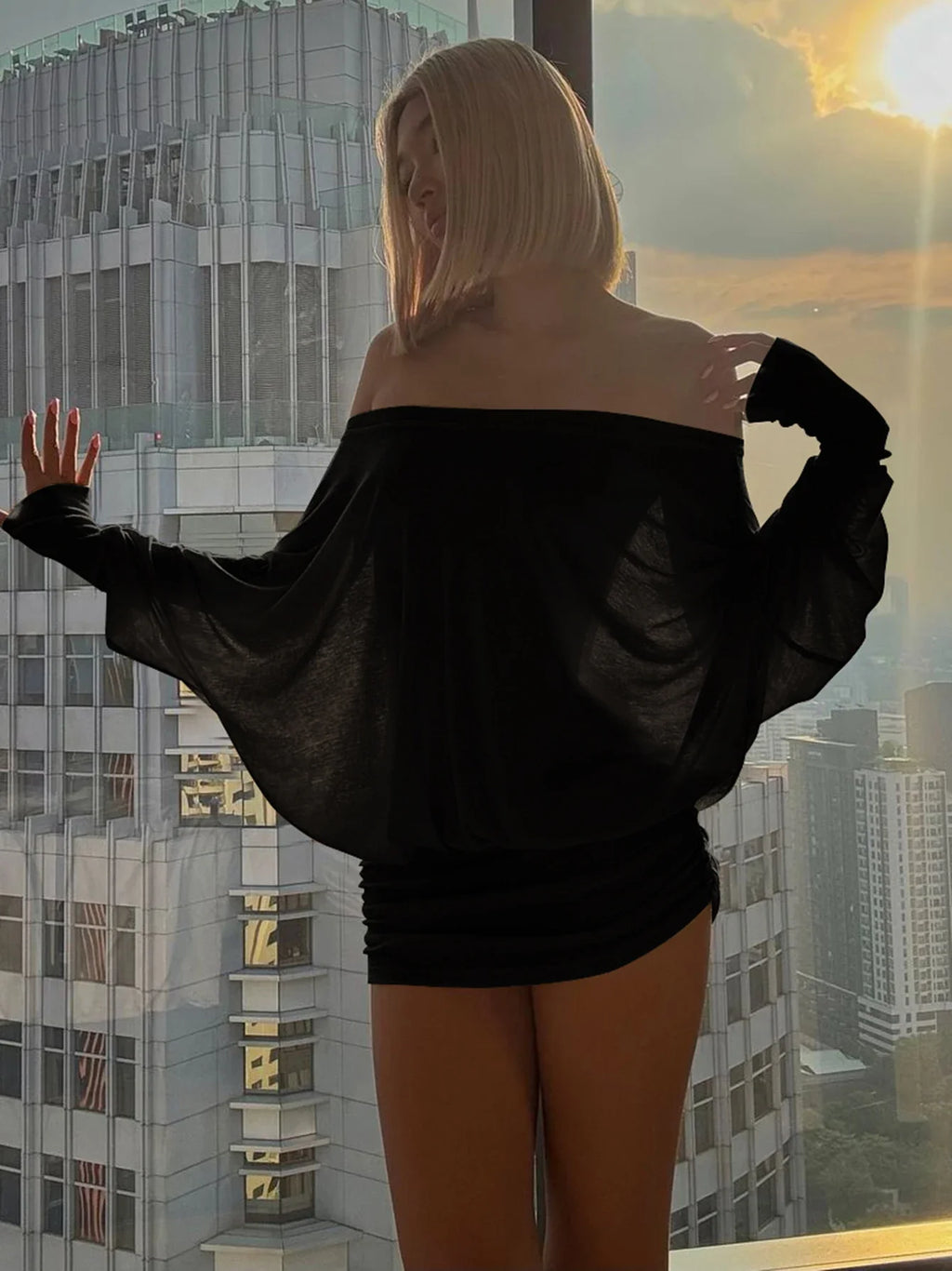 Dulzura Off Shoulder Long Sleeve Ruched Patchwork Mini Dress for Women Elegant Casual Party Clubwear for Spring and Summer