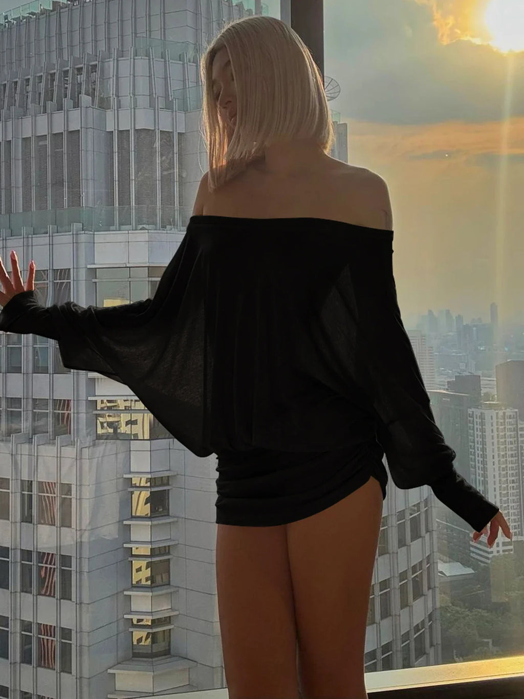 Dulzura Off Shoulder Long Sleeve Ruched Patchwork Mini Dress for Women Elegant Casual Party Clubwear for Spring and Summer