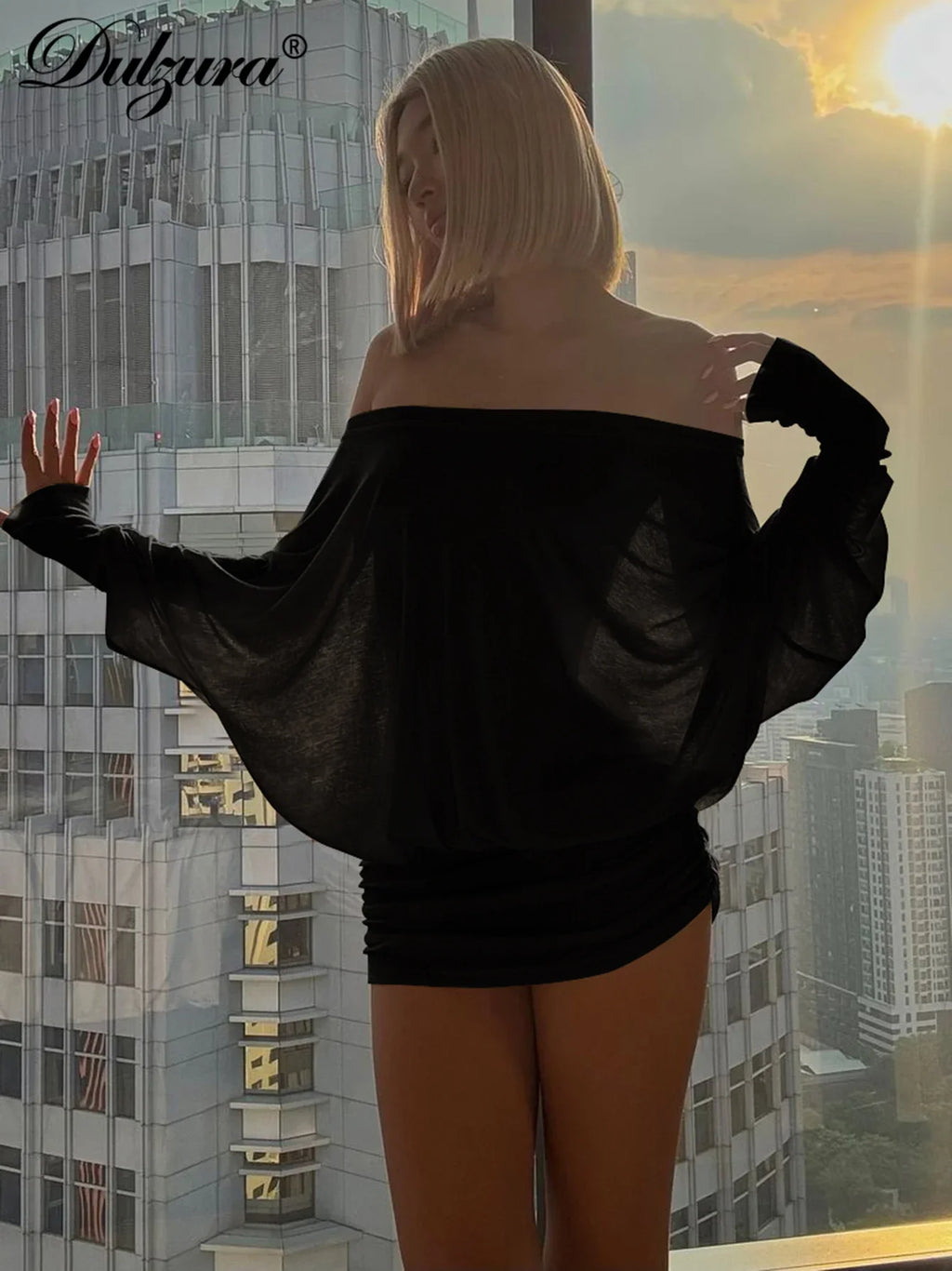 Dulzura Off Shoulder Long Sleeve Ruched Patchwork Mini Dress for Women Elegant Casual Party Clubwear for Spring and Summer