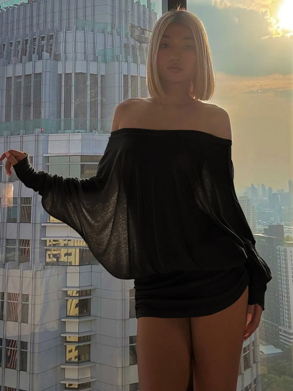 Dulzura Off Shoulder Long Sleeve Ruched Patchwork Mini Dress for Women Elegant Casual Party Clubwear for Spring and Summer