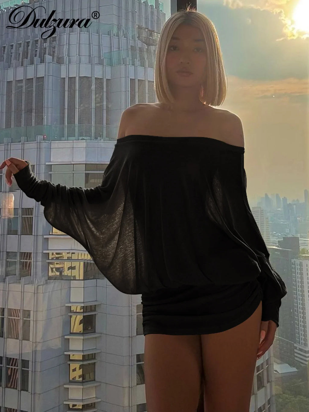 Dulzura Off Shoulder Long Sleeve Ruched Patchwork Mini Dress for Women Elegant Casual Party Clubwear for Spring and Summer