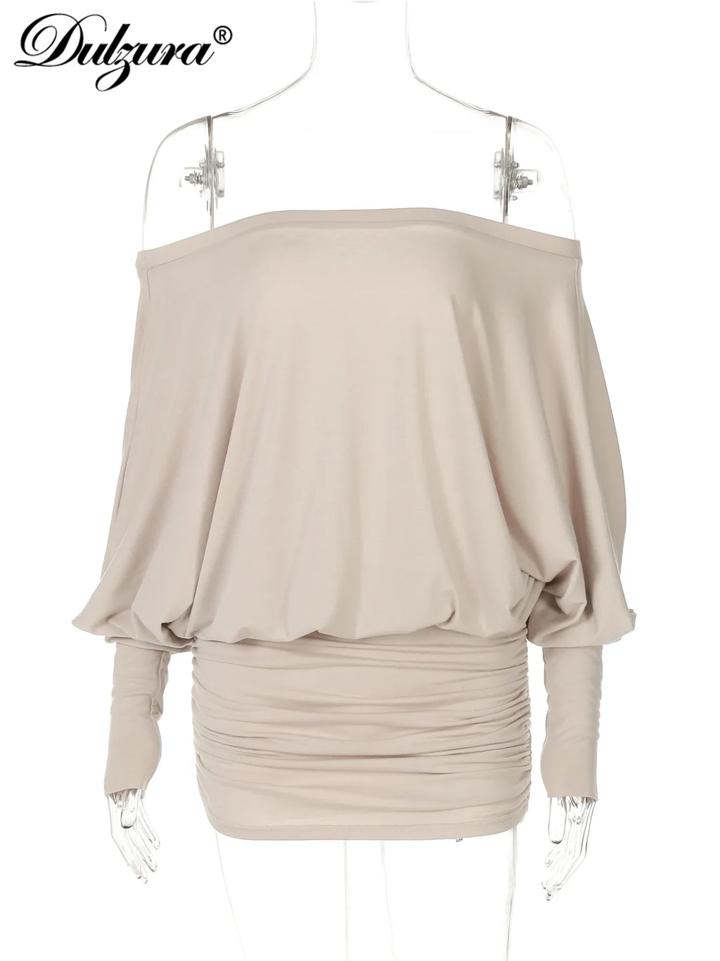 Dulzura Off Shoulder Long Sleeve Ruched Patchwork Mini Dress for Women Elegant Casual Party Clubwear for Spring and Summer