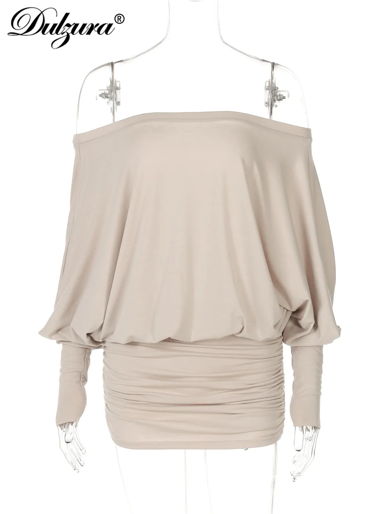 Dulzura Off Shoulder Long Sleeve Ruched Patchwork Mini Dress for Women Elegant Casual Party Clubwear for Spring and Summer