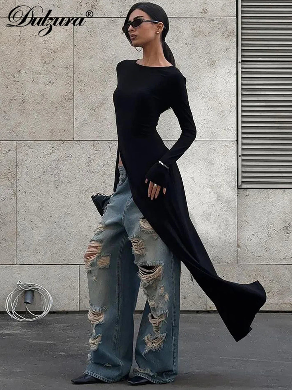 Dulzura Long Sleeve Maxi Dress with Side High Slit Solid Sexy Long Dress for Women's Party Club Streetwear Autumn Winter Chic Elegance