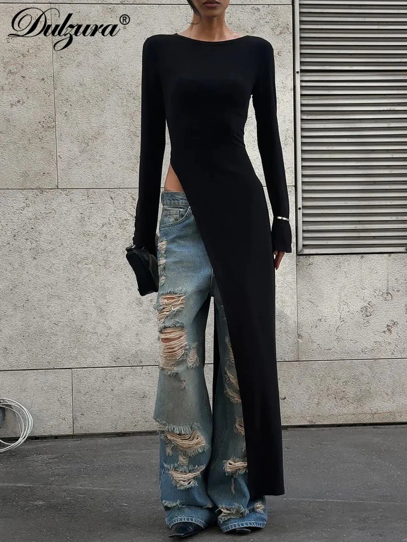Dulzura Long Sleeve Maxi Dress with Side High Slit Solid Sexy Long Dress for Women's Party Club Streetwear Autumn Winter Chic Elegance