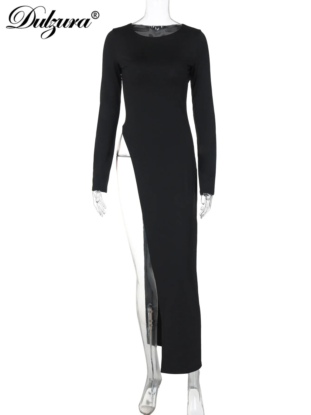 Dulzura Long Sleeve Maxi Dress with Side High Slit Solid Sexy Long Dress for Women's Party Club Streetwear Autumn Winter Chic Elegance