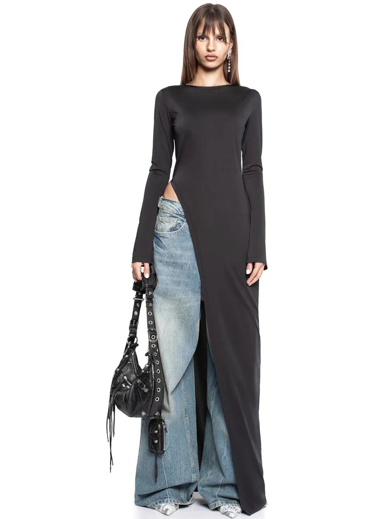 Dulzura Long Sleeve Maxi Dress with Side High Slit Solid Sexy Long Dress for Women's Party Club Streetwear Autumn Winter Chic Elegance