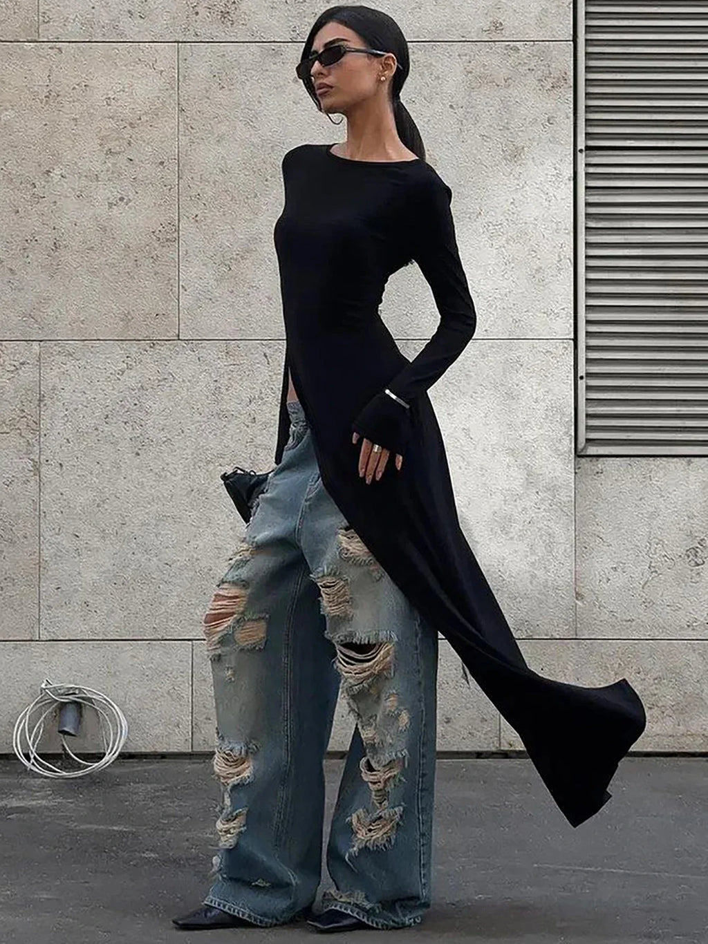 Dulzura Long Sleeve Maxi Dress with Side High Slit Solid Sexy Long Dress for Women's Party Club Streetwear Autumn Winter Chic Elegance