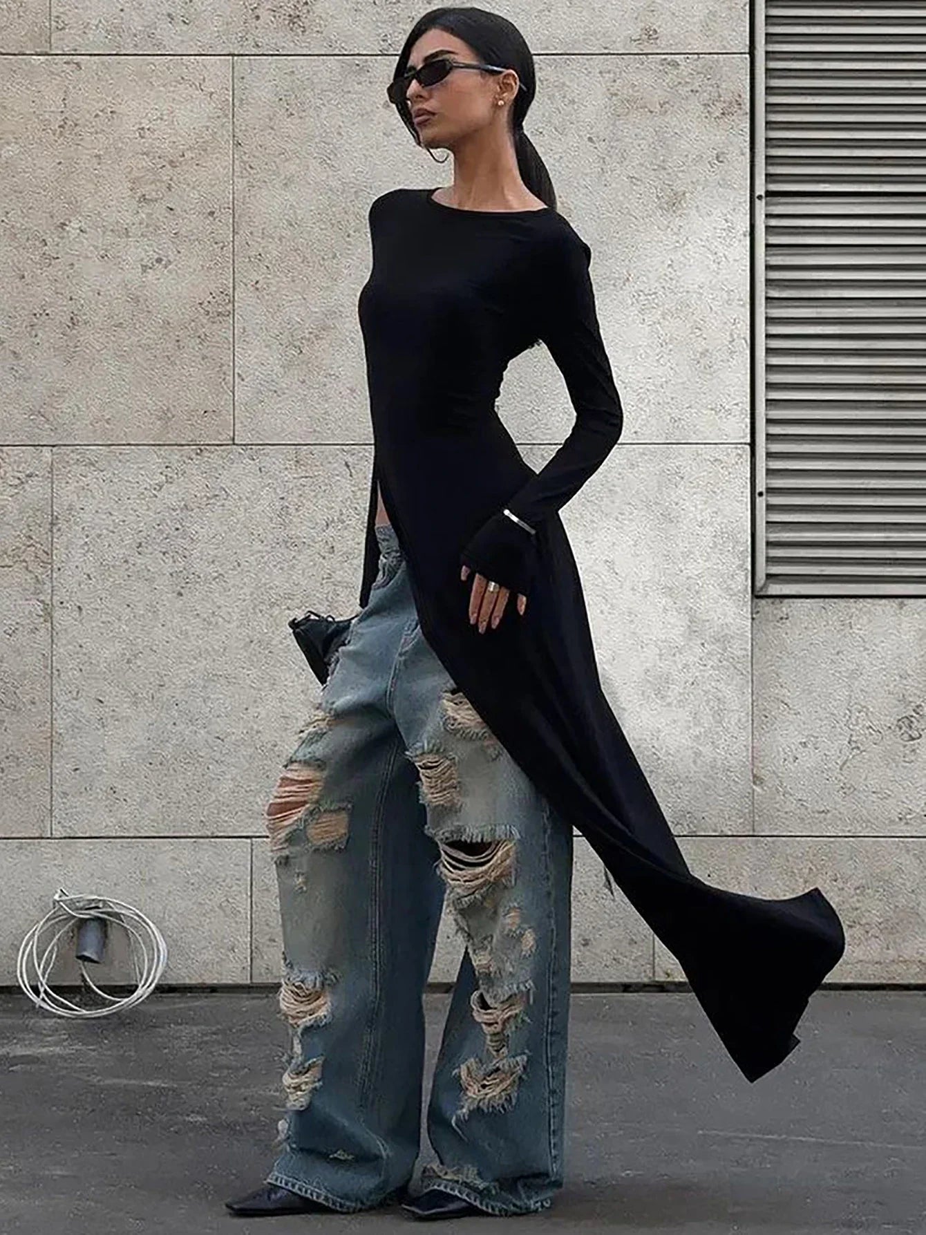Dulzura Long Sleeve Maxi Dress with Side High Slit Solid Sexy Long Dress for Women's Party Club Streetwear Autumn Winter Chic Elegance