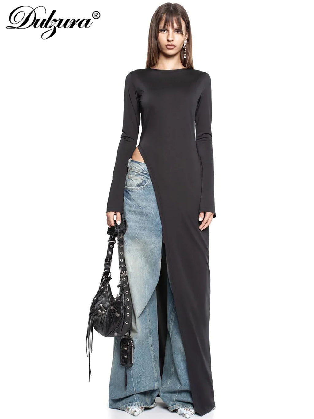 Dulzura Long Sleeve Maxi Dress with Side High Slit Solid Sexy Long Dress for Women's Party Club Streetwear Autumn Winter Chic Elegance