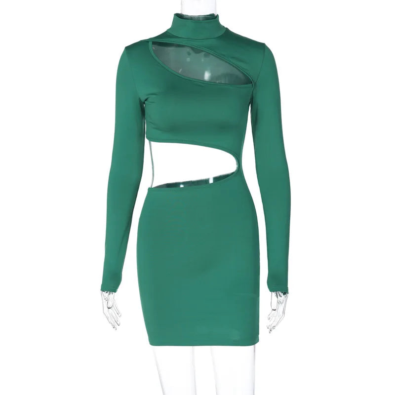 Dulzura Solid Long Sleeve Cut Out Mini Dress for Women Bodycon Sexy Streetwear Party Club Outfits Stylish Spring Summer Clothing