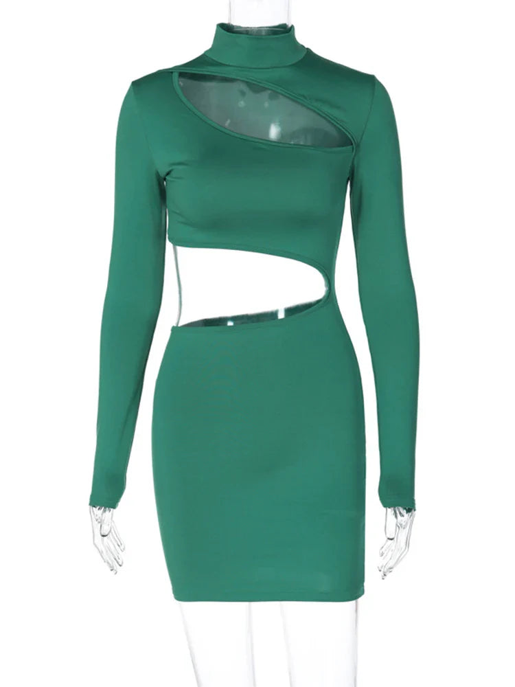 Dulzura Solid Long Sleeve Cut Out Mini Dress for Women Bodycon Sexy Streetwear Party Club Outfits Stylish Spring Summer Clothing