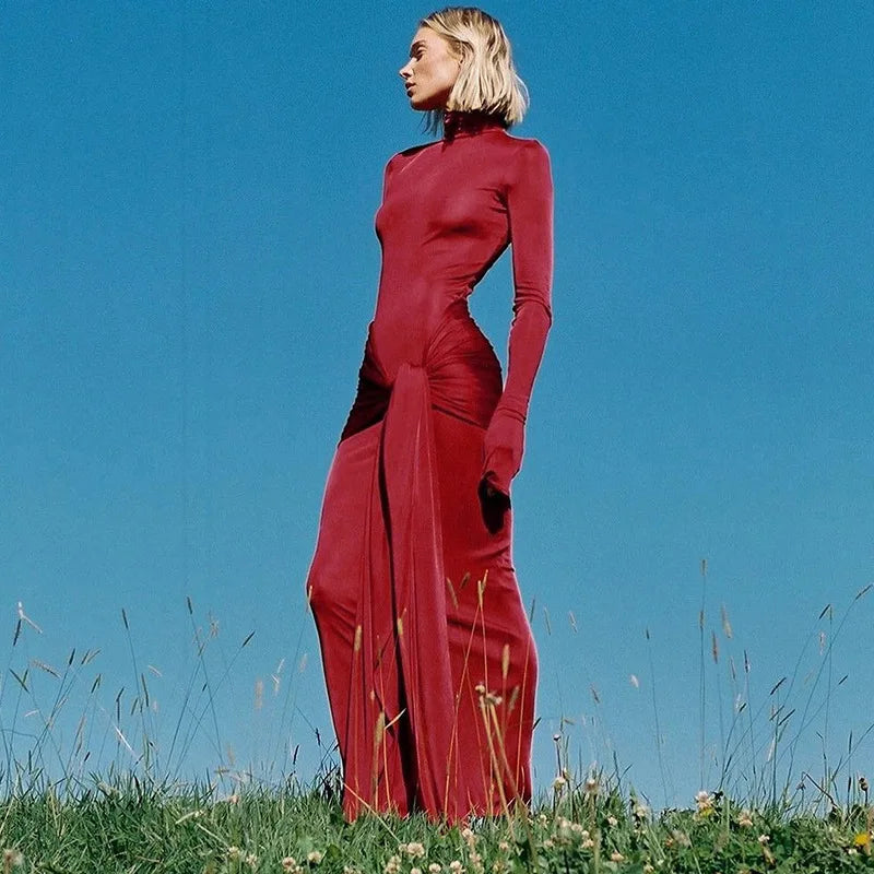 Elegant Long Sleeve Red Bodycon Dress for Party and Streetwear with Spring and Autumn Style