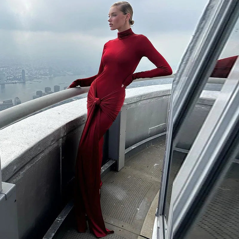 Elegant Long Sleeve Red Bodycon Dress for Party and Streetwear with Spring and Autumn Style