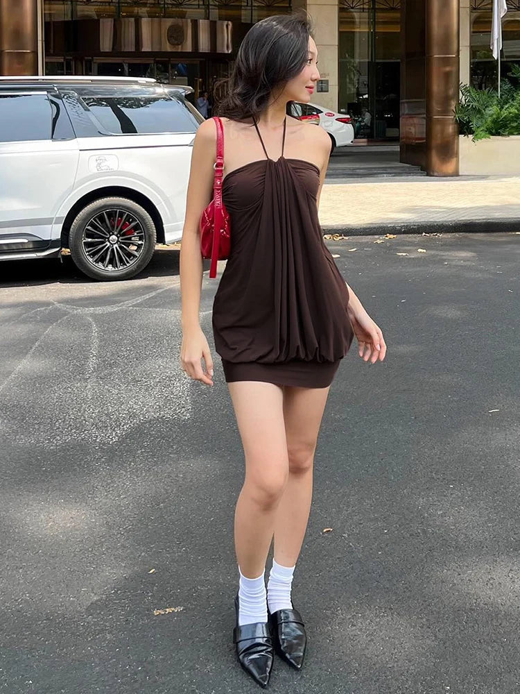 Dulzura Sexy Mini Halter Ruched Backless Dress for Women Summer Sleeveless Party Club Short Dress Solid Y2K Style