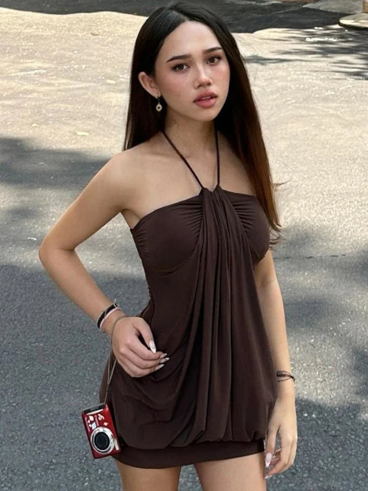 Dulzura Sexy Mini Halter Ruched Backless Dress for Women Summer Sleeveless Party Club Short Dress Solid Y2K Style
