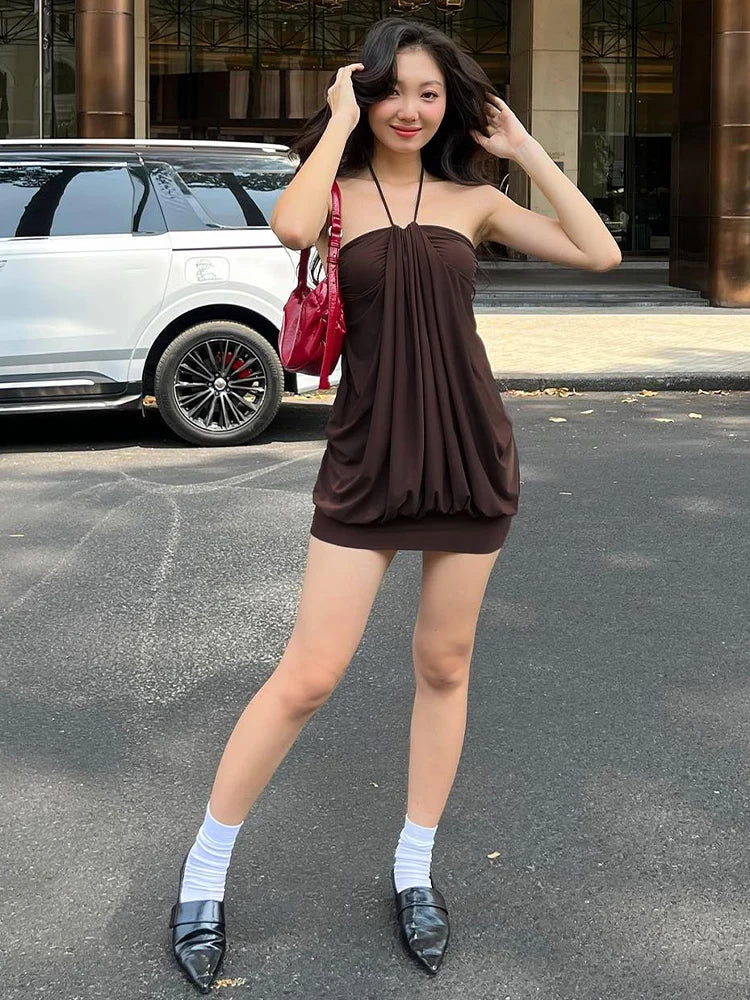 Dulzura Sexy Mini Halter Ruched Backless Dress for Women Summer Sleeveless Party Club Short Dress Solid Y2K Style