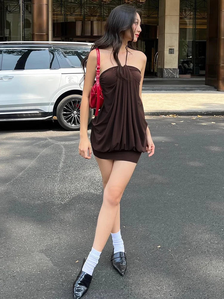 Dulzura Sexy Mini Halter Ruched Backless Dress for Women Summer Sleeveless Party Club Short Dress Solid Y2K Style