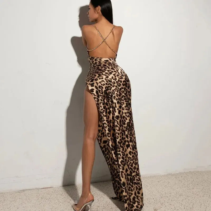 Sexy Leopard Bodycon Evening Dress for Women Stylish Party Club Wear Long Sleeve Summer Outfit