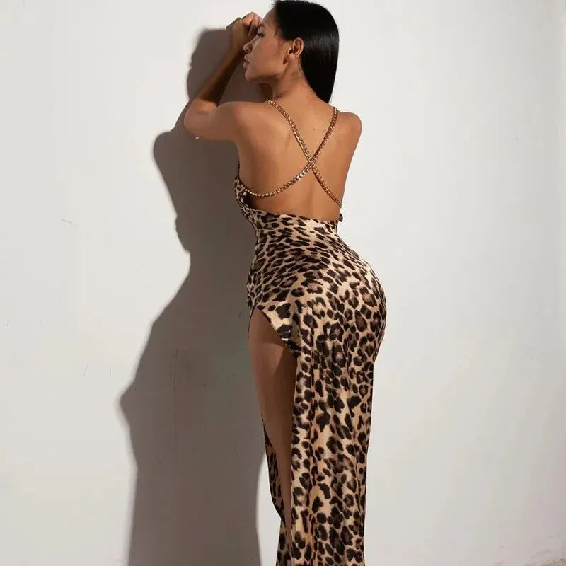 Sexy Leopard Bodycon Evening Dress for Women Stylish Party Club Wear Long Sleeve Summer Outfit