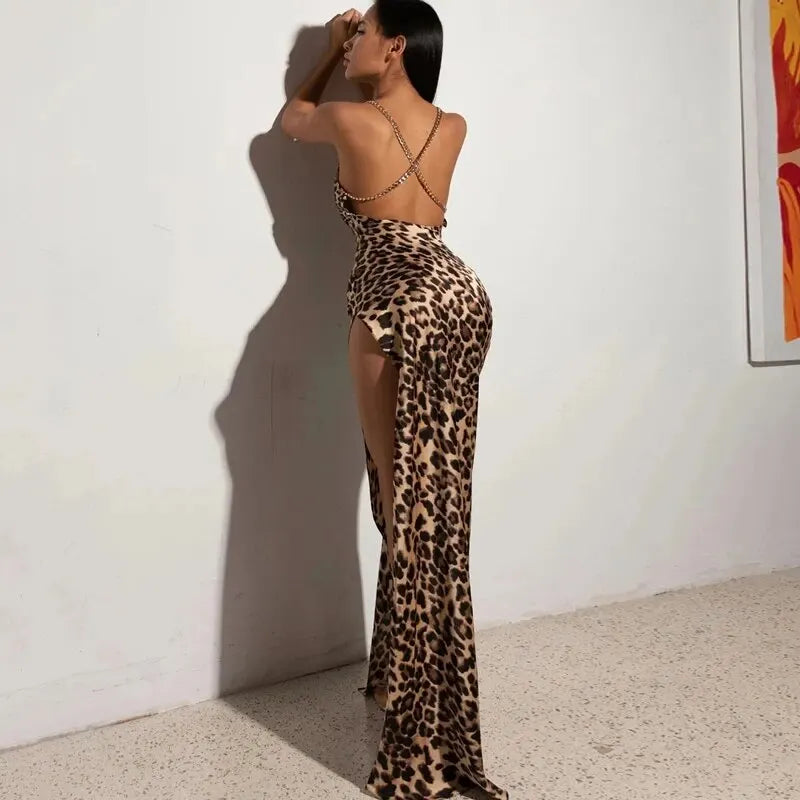 Sexy Leopard Bodycon Evening Dress for Women Stylish Party Club Wear Long Sleeve Summer Outfit
