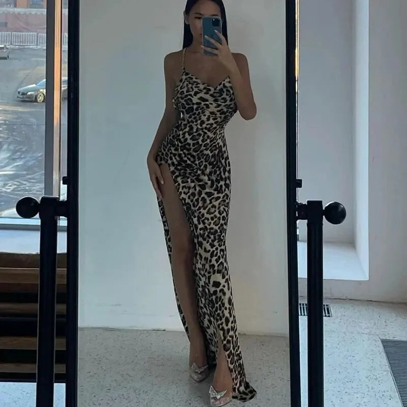 Sexy Leopard Bodycon Evening Dress for Women Stylish Party Club Wear Long Sleeve Summer Outfit