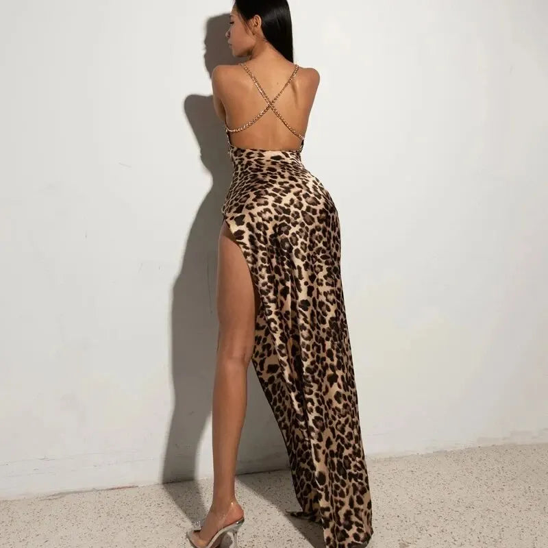Sexy Leopard Bodycon Evening Dress for Women Stylish Party Club Wear Long Sleeve Summer Outfit