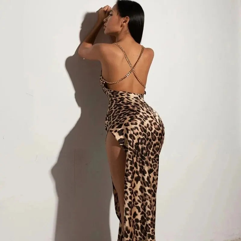Sexy Leopard Bodycon Evening Dress for Women Stylish Party Club Wear Long Sleeve Summer Outfit